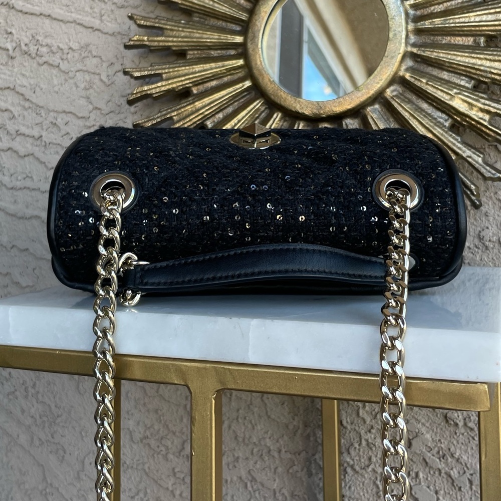 KATE SPADE Black & Gold Quilted Sequin Flap Chain Crossbody Shoulder Bag Purse - Picture 9 of 15